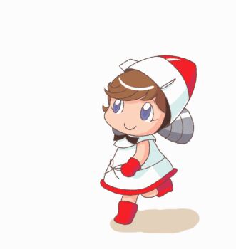 1girl animated animated_gif black_bow black_bowtie blue_eyes blush boots bow bowtie brown_hair dress gloves jumping noshirocket-chan open_mouth red_boots red_gloves rocket rolling short_hair sleeveless sleeveless_dress smile transformation walking white_background white_dress yamanokonza