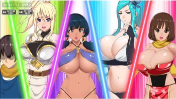 Rule 34 | 1boy, belly dancer, bikini, black hair, blonde hair, blue hair, breasts, brown hair, cleavage, cut-in, dark-skinned female, dark skin, earrings, game cg, hair ornament, hair tubes, hairband, hero (island saga), huge breasts, iris (island saga), island saga, jewelry, kamichichi, ninja, large breasts, loincloth, long hair, midriff, multiple girls, nadia (island saga), navel, ponytail, revealing clothes, sakura (island saga), short hair, sophie (island saga), swimsuit, thong, twintails, very long hair