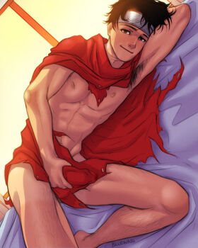 1boy abs armpit_hair armpits artist_name avengers_(series) bed bed_sheet bedroom billy_kaplan bludwing body_hair brown_eyes bulge cape crotch indoors lying male_focus marvel nipples penis_grab red_cape smile solo torn_clothes wiccan young_avengers