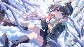 1girl black_boots black_hair blue_eyes boots coat day flower game_cg gift high_heel_boots high_heels highres idoly_pride jewelry knee_boots looking_at_viewer nagase_kotono non-web_source official_art on_floor pendant plaid_clothes plaid_coat scarf sitting snow snow_on_head snow_on_tree snowing tree