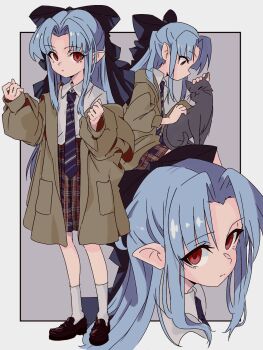 1girl blue_hair bow cat coat commission expressionless full_body highres len_(tsukihime) long_hair looking_at_viewer minami_linli multiple_views petting pointy_ears red_eyes skeb_commission skirt tsukihime