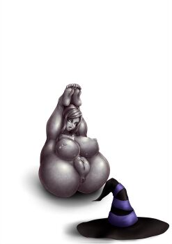 Rule 34 | 1girl, absurdres, anus, arms behind back, ass, barefoot, black hat, breasts, cleavage, collarbone, colored eyelashes, colored nipples, colored sclera, colored skin, colored tongue, completely nude, dragon's crown, fat mons, feet above head, folded, forehead, grey hair, grey nipples, grey sclera, grey skin, grey tongue, hat, highres, huge breasts, large variant set, legs over head, long hair, navel, ningyoushi, nipples, no areolae, no irises, no pupils, nude, open mouth, parted bangs, petrification, puckered anus, pupiless eyes, pussy, raised eyebrows, shadow, simple background, solid eyes, solo, sorceress (dragon's crown), statue, stone skin, swept bangs, thick eyelashes, thighs, tongue, tongue out, transformation, unworn hat, unworn headwear, variant set, white background, witch hat