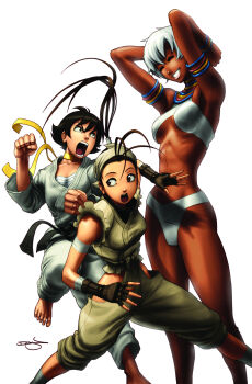 Rule 34 | 3girls, barefoot, bracelet, breasts, capcom, closed eyes, dark-skinned female, dark skin, elena (street fighter), female focus, fingerless gloves, gloves, hakama, hakama pants, highres, ibuki (street fighter), japanese clothes, jewelry, long hair, makoto (street fighter), multiple girls, official art, pants, ponytail, scarf, short hair, smile, street fighter, street fighter iii: 3rd strike, street fighter iii (series), tall female, underboob, white hair
