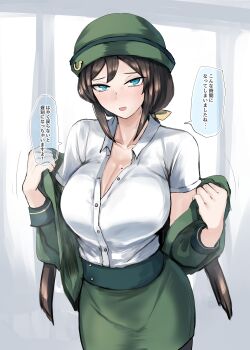 absurdres blue_eyes blush bowler_hat breasts brown_hair cleavage collared_shirt commentary_request formal_clothes green_hat green_jacket green_skirt hair_between_eyes hat hayakawa_tazuna highres jacket jacket_partially_removed kanikama25 large_breasts long_hair looking_at_another mole mole_on_breast open_clothes open_jacket open_mouth ponytail shirt short_sleeves skirt skirt_suit speech_bubble suit umamusume white_shirt