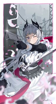 Rule 34 | 1girl, absurdres, aiming, apron, arknights, artist name, black dress, black gloves, blurry, border, closed mouth, commentary, dress, dual wielding, gloves, grey eyes, grey hair, gun, handgun, haoli mei an, head wings, highres, holding, holding gun, holding sword, holding weapon, irene (arknights), long hair, long sleeves, looking at viewer, maid, maid apron, one eye closed, pink pupils, signature, solo, sword, untranslatable commentary, weapon, white apron, wings
