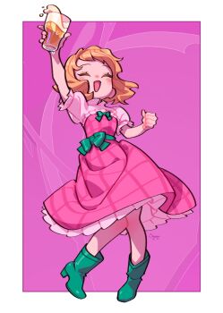 1girl :d akihabara_beer_fair alcohol beer beer_mug beerko blonde_hair boots border bow clenched_hand closed_eyes cup dress frilled_dress frilled_sleeves frills green_bow green_footwear green_sash highres holding holding_cup knees_together_feet_apart medium_hair mug multiple_drawing_challenge open_mouth petticoat pink_background pink_dress pink_theme puffy_short_sleeves puffy_sleeves russian_commentary sash short_sleeves signature smile soemy waist_sash white_border