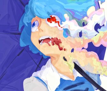 Rule 34 | 1girl, abstract, blue eyes, blue shirt, collared shirt, commentary request, dissolving, fangs, frown, heterochromia, highres, holding, holding umbrella, looking to the side, open mouth, portrait, red eyes, shirt, solo, tatara kogasa, touhou, umbrella, xmzhier