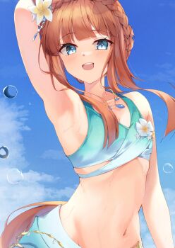 1girl :d absurdres animal_ears aqua_bikini aqua_sarong arm_up armpits bikini blue_eyes blue_sky blunt_bangs braid cloud commentary cowboy_shot crown_braid day flat_chest hair_ornament highres horse_ears horse_tail jasmine_(flower) jewelry leaf_hair_ornament long_hair looking_at_viewer navel necklace open_mouth orange_hair outdoors pandoa_(mikage0495) plumeria sarong silence_suzuka_(emerald_on_the_waves)_(umamusume) silence_suzuka_(umamusume) sky smile solo stomach swimsuit tail teeth umamusume upper_teeth_only water_drop