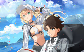 1boy 1girl artoria_caster_(fate) artoria_caster_(swimsuit_berserker)_(first_ascension)_(fate) artoria_pendragon_(fate) baseball_cap bikini black_hair blue_eyes blue_sky breasts cloud cloudy_sky commentary_request fate/grand_order fate_(series) floating_hair fujimaru_ritsuka_(male) fujimaru_ritsuka_(male)_(decisive_battle_chaldea_uniform) green_eyes hat long_hair long_sleeves looking_at_another mamono5 medium_breasts navel short_hair shrug_(clothing) sky sunlight swimsuit white_bikini white_hat white_shrug