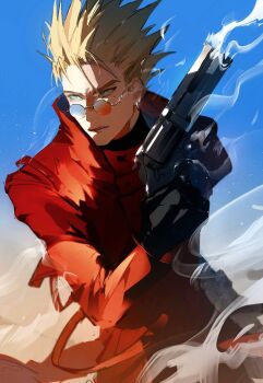 Rule 34 | 1boy, black gloves, blonde hair, coat, commentary request, earrings, gloves, gun, handgun, hkn mata ta, jewelry, korean commentary, male focus, mole, mole under eye, orange-tinted eyewear, red coat, revolver, round eyewear, single earring, smoke, smoking barrel, spiked hair, tinted eyewear, trigun, undercut, vash the stampede, weapon