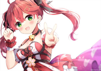 1girl bare_shoulders bell black_collar black_ribbon blush breasts cat_hair_ornament cleavage collar commentary_request crossed_bangs dress dutch_angle floating_hair flower_ornament frilled_wristband green_eyes hair_ornament hair_ribbon hand_up hololive long_hair looking_at_viewer medium_breasts neck_bell niwasane_(saneatsu03) official_alternate_costume pink_hair red_dress ribbon sakura_miko sakura_miko_(work) smile twintails upper_body v virtual_youtuber white_background