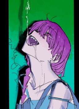 1girl @_@ anzaiteru_099 blue_background blue_dress bocchi_the_rock! braid braided_ponytail collarbone dress drinking dripping drop_shadow earrings from_side gradient_background green_background hair_over_shoulder head_back highres hiroi_kikuri jewelry liquid long_hair open_mouth pink_eyes pouring purple_hair sharp_teeth sleeveless sleeveless_dress solo spaghetti_strap strap_slip stud_earrings teeth upper_body