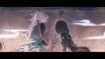 2girls ass black_bodysuit black_kimono bodysuit breasts closed_eyes earrings fate/samurai_remnant fate_(series) green_kimono grey_bodysuit highres instrument japanese_clothes jewelry kimono long_hair long_sleeves medium_breasts mroaridnryed_alter multicolored_bodysuit multiple_girls neon_trim ponytail purple_hair short_hair sidelocks two-tone_bodysuit ushi_gozen_(fate) ushi_gozen_(rider)_(fate) white_hair wide_sleeves yui_shousetsu_(fate)
