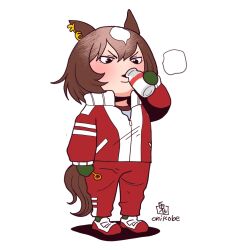 1girl animal_ears black_eyes blush bottle brown_hair commentary_request drinking earclip full_body green_mittens horse_ears horse_girl horse_tail jacket looking_down milk_bottle mittens multicolored_jacket onikobe_rin open_mouth pants red_jacket red_pants red_shoes shoes short_hair simple_background sirius_symboli_(umamusume) solo tail tracen_training_uniform two-tone_jacket umamusume v-shaped_eyebrows white_background white_jacket zipper