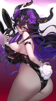 1girl absurdres arm_strap ass black_hair black_horns black_leotard black_nails breasts colored_inner_hair commentary english_commentary flower gem hair_between_eyes hair_flower hair_ornament highres holding holding_mask horns indie_virtual_youtuber leotard littleling mask multicolored_hair pantyhose purple_eyes purple_flower purple_gem purple_hair rabbit_mask rabbit_tail second-party_source solo tail unjaded_(vtuber) unworn_mask virtual_youtuber white_wrist_cuffs wrist_cuffs