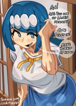 1girl blue_eyes blue_hair blush breasts commentary english_commentary heart highres lana's_mother_(pokemon) large_breasts low_ponytail mature_female moxydraws nintendo no_sclera open_mouth patreon_username pokemon pokemon_(anime) pokemon_the_series:_sun_&amp;_moon ponytail smile solo teeth tongue upper_teeth_only