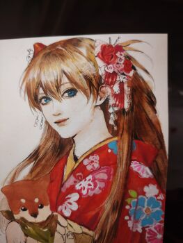 Rule 34 | 1girl, animal, blue eyes, dog, flower, guadu54072, hair flower, hair ornament, highres, holding, holding animal, holding dog, japanese clothes, kimono, lips, long hair, neon genesis evangelion, orange hair, red kimono, shiba inu, smile, solo, souryuu asuka langley, upper body, white background, yonghuyizhuxiao4444