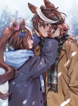 2girls absurdres animal_ears blue_coat blue_eyes blue_scarf blush bojue_(hakus_1128) bow brown_coat brown_hair closed_mouth coat commentary_request earrings hair_between_eyes hands_on_another&#039;s_cheeks hands_on_another&#039;s_face highres horse_ears horse_girl horse_tail jewelry long_hair long_sleeves multicolored_hair multiple_girls open_mouth outdoors plaid_clothes plaid_scarf ponytail purple_eyes scarf short_hair single_earring smile snow snowing streaked_hair symboli_rudolf_(umamusume) tail tokai_teio_(umamusume) tree two-tone_hair umamusume white_hair winter_clothes winter_coat