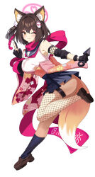 Rule 34 | 1girl, absurdres, animal ear fluff, animal ears, blue archive, blush, breasts, brown hair, eyeshadow, fox ears, fox girl, fox hair ornament, fox tail, halo, highres, izuna (blue archive), looking at viewer, makeup, pink eyeshadow, pink scarf, scarf, short hair, smile, solo, sylph kim, tail, yellow eyes