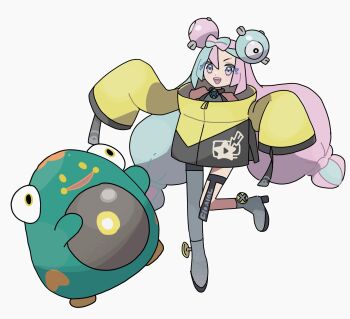 1girl :d bellibolt blue_hair bow-shaped_hair eneko_(olavcnkrpucl16a) full_body grey_pantyhose hair_between_eyes highres iono_(pokemon) jacket long_hair long_sleeves looking_at_viewer multicolored_hair nintendo open_mouth pantyhose pink_eyes pink_hair pokemon pokemon_(creature) pokemon_sv sharp_teeth single_leg_pantyhose sleeves_past_fingers sleeves_past_wrists smile teeth thigh_strap twintails two-tone_hair upper_teeth_only very_long_hair white_background wide_sleeves yellow_jacket