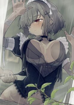 1girl against_glass arm_up bandaged_arm bandaged_hand bandaged_head bandages black_choker blush body_freckles bouhuman breast_press breasts breasts_apart breasts_on_glass choker closed_mouth cross_hair_ornament crying crying_with_eyes_open ear_piercing earrings empty_eyes freckles from_outside furrowed_brow grey_hair hair_ornament hand_on_glass hand_on_window hand_up highres jewelry large_breasts leaning_forward long_hair looking_to_the_side maid maid_headdress multiple_earrings navel no_bra one_eye_covered original piercing puffy_short_sleeves puffy_sleeves rain red_eyes shirt short_hair short_sleeves snot solo_focus stomach tears unaligned_breasts upper_body water window