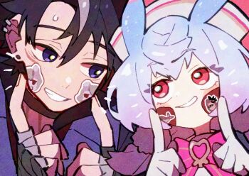 1boy 1girl black_gloves black_hair blue_hair bow bowtie fingerless_gloves fingersmile genshin_impact gloves grey_hair grin hat looking_to_the_side low_twintails multicolored_hair necktie nploser nurse_cap pink_bow pink_bowtie pink_eyes portrait red_necktie sigewinne_(genshin_impact) smile sticker sticker_on_face streaked_hair twintails white_hat wriothesley_(genshin_impact)