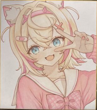 Rule 34 | 1girl, :d, animal ear fluff, animal ears, blonde hair, blue eyes, bow, collarbone, comiket 107, commentary request, dog ears, fake horns, fang, hairband, head tilt, highres, hololive, hololive english, horns, long sleeves, looking at viewer, mococo abyssgard, multicolored hair, nail polish, open mouth, photo (medium), pink bow, pink hair, pink hairband, pink nails, pink shirt, plaid bow, puffy long sleeves, puffy sleeves, sailor collar, sakuraume, school uniform, serafuku, shikishi, shirt, smile, solo, streaked hair, traditional media, two side up, upper body, v, v over eye, virtual youtuber, white sailor collar