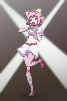 1girl :d absurdres antenna_hair bandeau belt belt_buckle blush bow breasts buckle choker collarbone commentary crop_top cropped_shirt frilled_bandeau frilled_shirt frills full_body gloves grey_background hair_bow hair_intakes hand_on_own_chest hands_up head_tilt highres holding holding_microphone kami_nomi_zo_shiru_sekai kuon_iki large_bow leg_ribbon leg_up looking_at_viewer medium_breasts medium_hair microphone miniskirt music nakagawa_kanon navel open_clothes open_mouth open_shirt pink_belt pink_choker pink_hair pink_shoes pink_thighhighs puffy_short_sleeves puffy_sleeves raised_eyebrows red_eyes ribbon shirt shoes short_sleeves singing skirt smile solo spotlight standing standing_on_one_leg stomach thighhighs white_gloves white_shirt white_skirt yellow_bandeau yellow_bow zettai_ryouiki