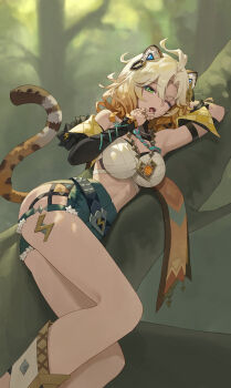 1girl absurdres ahoge animal_ears arm_strap armpits bare_shoulders blue_shorts breasts clothing_cutout commentary denim denim_shorts genshin_impact green_eyes hand_up hashtag-only_commentary head_rest high-waist_shorts highres hip_vent in_tree jaguar_ears jaguar_girl jaguar_tail large_breasts legs llami_0 looking_at_viewer midriff one_eye_closed open_mouth shorts solo tail tan tree xilonen_(genshin_impact) yawning