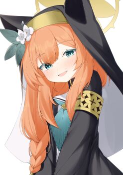 1girl absurdres animal_hood black_shirt blue_archive blue_neckerchief braid cat_hood center-flap_bangs cobe commentary flower habit hair_flower hair_ornament highres hood long_hair long_sidelocks long_sleeves looking_at_viewer mari_(blue_archive) neckerchief orange_hair sailor_collar shirt sidelocks simple_background single_braid solo upper_body white_background white_flower white_sailor_collar wide_sleeves