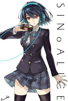 1girl alice_(sinoalice) anki_(sinoalice) black_hair black_thighhighs blazer bow bowtie cable cellphone copyright_name cover cover_page doll dress_shirt gishin_(sinoalice) hair_between_eyes hand_up headphones highres himiko_(326ontheweb) holding holding_phone jacket manga_cover official_art open_hand parted_lips phone plaid_clothes plaid_skirt reality_arc_(sinoalice) red_eyes shirt short_hair signature simple_background sinoalice skirt smartphone solo thighhighs user_interface white_background zettai_ryouiki