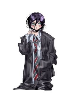 1girl aged_down black_choker black_jacket busuttt chainsaw_man choker green_eyes grenade_pin grey_shirt hair_between_eyes highres jacket necktie oversized_clothes purple_hair reze_(chainsaw_man) shirt simple_background sleeves_past_fingers sleeves_past_wrists solo striped_necktie white_background