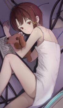 1girl absurdres asymmetrical_hair brown_eyes brown_hair camisole computer computer_keyboard computer_tower expressionless file_mei_naraku hair_ornament highres holding holding_stuffed_toy iwakura_lain looking_at_viewer lying on_side serial_experiments_lain short_hair single_sidelock solo stuffed_animal stuffed_dog stuffed_toy white_camisole x_hair_ornament