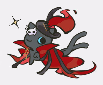 Rule 34 | animal, animal focus, arknights, black cat, black hat, blue eyes, cape, cat, ears through headwear, full body, grey background, hat, miss christine (arknights), multiple tails, myluche, no humans, one eye closed, red cape, simple background, sparkle, standing, tail, tilted headwear, two tails