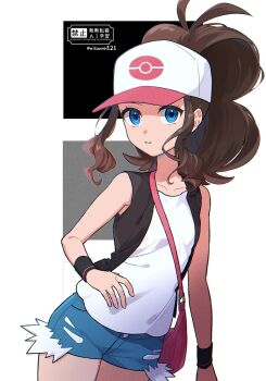 1girl antenna_hair bag black_vest blue_eyes blue_shorts brown_hair collarbone cowboy_shot exposed_pocket hat highres hilda_(pokemon) long_hair nintendo parted_lips pink_bag pokemon pokemon_black_and_white shirt shorts shoulder_bag sideocks sleeveless sleeveless_shirt solo toi_(nisanrei121) twitter_username vest watermark white_hat white_shirt wristband