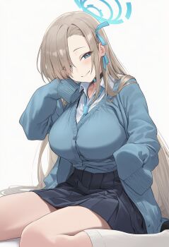 1girl ai_lightmako asuna_(blue_archive) blonde_hair blue_archive blue_cardigan blue_eyes cardigan hair_over_one_eye hair_ribbon halo head_tilt highres light_blush light_smile long_hair open_collar pleated_skirt ribbon school_uniform shirt sitting skirt wariza white_background white_shirt