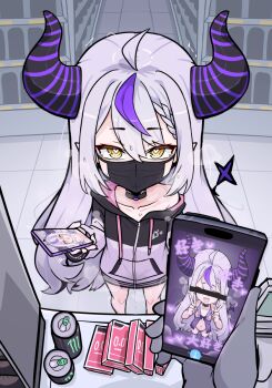 1girl babydoll buying_condoms cellphone condom condom_box energy_drink flat_chest grey_hair heart heart-shaped_pupils highres hololive holox hood hoodie horns la+_darknesss lingerie loli long_hair looking_at_viewer mask monster_energy moral_cacoethes mouth_mask navel nipples panties phone pov pov_hands smartphone standing stomach symbol-shaped_pupils tail thighs underwear virtual_youtuber yellow_eyes