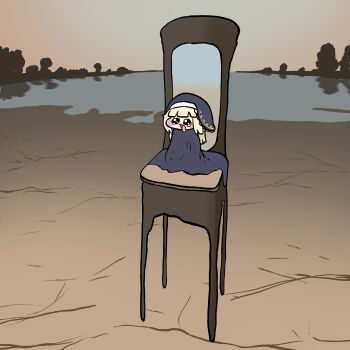 1girl black_coif black_eyes blonde_hair blush chair chibi chibi_only commentary_request fine_art_parody highres long_hair minmi_kyouto mud open_mouth outdoors parody solo speaki_(trickcal) tearing_up trickcal untitled_(zdzislaw_beksinski)