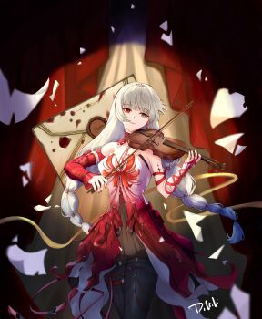 Rule 34 | 1girl, absurdres, artist name, bandaged arm, bandages, bare shoulders, black pantyhose, black skirt, braid, breasts, closed mouth, commentary, detached sleeves, dilili, dress, earrings, english commentary, envelope, grey eyes, grey hair, halter dress, halterneck, heterochromia, highres, instrument, jewelry, long hair, low twin braids, medium breasts, music, pantyhose, phrolova (wuthering waves), playing instrument, red dress, red eyes, single detached sleeve, skirt, solo, spotlight, tacet mark (wuthering waves), twin braids, wuthering waves