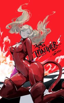 1girl arm_behind_back blonde_hair blue_eyes bodysuit boots breasts character_name closed_mouth commentary_request copyright_name dated fake_tail feet_out_of_frame floating_hair gloves hair_floating_upwards long_hair long_sleeves looking_at_viewer medium_breasts panther_(persona_5) panther_tail persona persona_5 red_background red_bodysuit red_boots s4ku signature simple_background solo tail takamaki_anne thigh_boots twintails