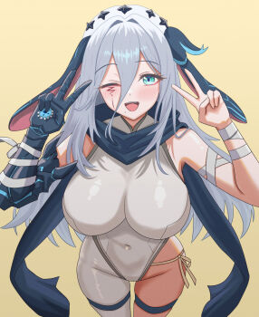 Rule 34 | 1girl, absurdres, animal ears, bandaged arm, bandages, bare shoulders, bodysuit, breasts, chaos zero nightmare, commentary request, covered navel, double v, feet out of frame, green eyes, hands up, highres, hole in hand, konnzyou, large breasts, long hair, looking at viewer, mole, mole under mouth, narja (chaos zero nightmare), one eye closed, open mouth, pale skin, scar, skin tight, sleeveless, sleeveless bodysuit, solo, teeth, thigh strap, thighs, v, white bodysuit, white hair