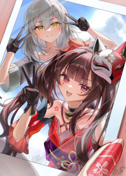 2girls bare_shoulders black_gloves black_hair blush breasts butterfly-shaped_pupils chest_tattoo cleavage collarbone commentary_request flower_tattoo fox_mask gloves grey_hair hair_between_eyes hair_ornament highres honkai:_star_rail honkai_(series) japanese_clothes kimono long_hair looking_at_viewer mask mask_on_head mole mole_under_each_eye mole_under_eye morocha1130 multiple_girls multiple_moles open_mouth photo_(object) pink_eyes red_kimono red_nails single_glove sleeveless sleeveless_kimono smile solo sparkle_(honkai:_star_rail) stelle_(honkai:_star_rail) symbol-shaped_pupils tattoo trailblazer_(honkai:_star_rail) twintails v very_long_hair yellow_eyes yuri