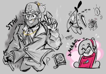 absurdres bill_cipher blush english_text ford_pines glasses gold_necklace golden_tooth gravity_falls grey_background greyscale highres jacket jewelry mabel_pines monochrome necklace pink_shirt shirt sketch urennnii