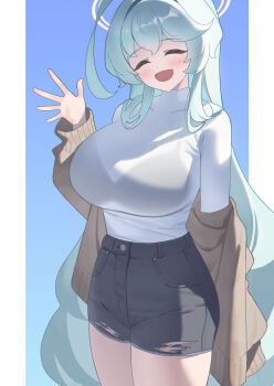 1girl ^_^ absurdres ahoge alternate_costume aqua_hair black_bra blue_archive blush bra bra_visible_through_clothes breasts brown_cardigan cardigan cardigan_partially_removed closed_eyes commentary denim denim_shorts facing_viewer halo highres huge_ahoge huge_breasts korean_commentary long_hair pillarboxed shirt shirt_tucked_in short_shorts shorts smile solo straight_hair thighs tomid torn_clothes torn_shorts underwear very_long_hair white_shirt yume_(blue_archive)