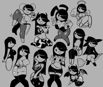 Rule 34 | 1girl, animal ears, animal print, ass, bikini, black eyes, breasts, bun cover, capcom, chun-li, chun-li (cosplay), cleavage, commentary, cosplay, cow print, cow print bikini, cream (movail2), curvy, demon horns, demon wings, double bun, double v, english commentary, feathered wings, fishnet pantyhose, fishnets, grey background, hair bun, hair over one eye, halo, hat, highres, horns, large breasts, leotard, long hair, looking at viewer, monochrome, movail2, multiple views, narrow waist, navel, open mouth, original, pantyhose, playboy bunny, print bikini, rabbit ears, rabbit tail, simple background, skirt, smile, strapless, strapless leotard, street fighter, swimsuit, tail, thick thighs, thighs, v, wide hips, wings, witch hat