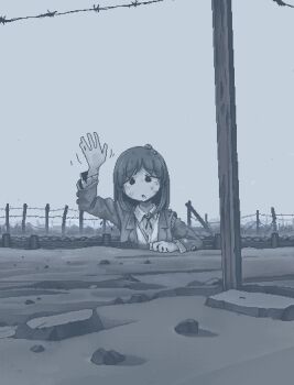 1girl arm_up barbed_wire blazer blue_theme breasts collared_shirt dirty dirty_face dithering fence hamsterfragment jacket jaggy_lines lapels long_sleeves looking_at_viewer medium_hair monochrome motion_lines neck_ribbon notched_lapels open_mouth original outdoors pebble ribbon school_uniform shirt solo shinohata_sachie_(hamsterfragment) torn_sleeve trench waving