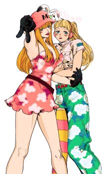 2girls :p black_gloves blonde_hair blue_eyes blunt_bangs blush commentary dress eyelashes fp_w84 gloves hat headphones hibari_(one_piece) highres kujaku_(one_piece) long_hair multiple_girls one_piece pink_dress pink_hat ponytail sash short_dress short_sleeves simple_background smile strapless strapless_dress thighhighs tongue tongue_out twitter_username v white_background zipper