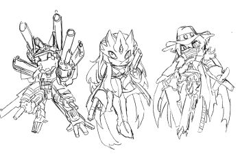 Rule 34 | beelstarmon, belt, breasts, cowboy hat, digimon, digimon (creature), dragon, gun, gundramon, handgun, hat, highres, long hair, magnakidmon, mask, revolver, robot, sketch, third eye, three musketeers (digimon), underboob, weapon