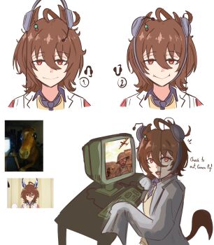 1girl agnes_tachyon_(tach-nology)_(umamusume) agnes_tachyon_(umamusume) ahoge animal_ears brown_hair closed_mouth computer computer_keyboard computer_mouse desk earrings hair_between_eyes headphones highres horse horse_ears horse_girl horse_tail jewelry johnholl0w lab_coat long_sleeves looking_at_viewer medium_hair meme monitor necktie open_mouth photo-referenced red_eyes reference_inset reference_photo shirt short_necktie single_earring sleeves_past_fingers sleeves_past_wrists smile sweater sweater_vest tail the_two-thousand_yard_stare thousand_yard_stare umamusume yellow_sweater yellow_sweater_vest