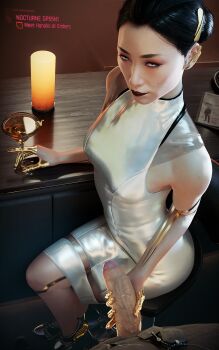 1boy 1girl 3d absurdres black_hair breasts crossed_legs cup cyberpunk_(series) cyberpunk_2077 dog_tags drinking_glass english_text from_above fugtrup hanako_arasaka handjob hetero highres medium_breasts penis pov pov_crotch protected_link shoes sitting solo_focus standing uncensored